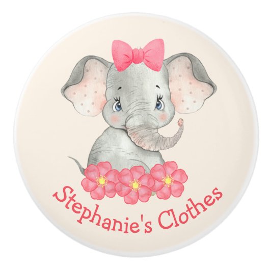 Girl Elephant Personalisiert Watercolor Pink-Kinde Keramikknauf (Vorderseite)