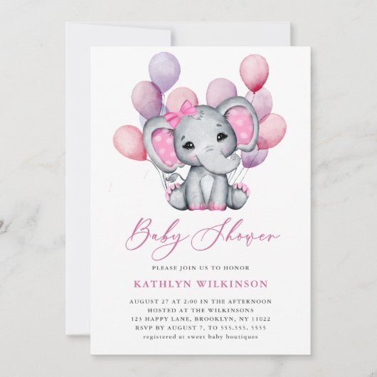 Girl Elephant Pink Ballon Script Niedlich Baby Dus Einladung (Vorderseite)