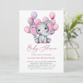 Girl Elephant Pink Ballon Script Niedlich Baby Dus Einladung (Stehend Vorderseite)