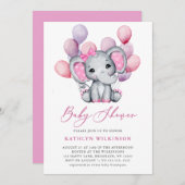 Girl Elephant Pink Ballon Script Niedlich Baby Dus Einladung (Vorne/Hinten)