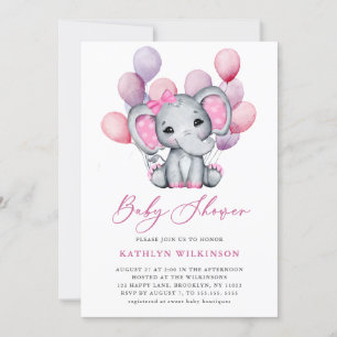 Girl Elephant Pink Ballon Script Niedlich Baby Dus Einladung