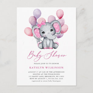 Girl Elephant Pink Ballon Script Niedlich Baby Dus Einladungspostkarte