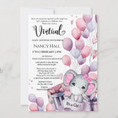 Girl Elephant Pink Balloons Virtual Baby Dusche Einladung (Vorderseite)