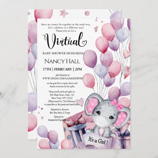 Girl Elephant Pink Balloons Virtual Baby Dusche Einladung (Vorne/Hinten)