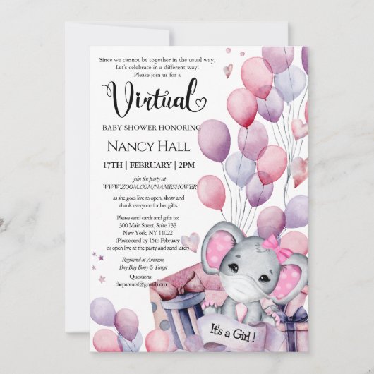 Girl Elephant Pink Balloons Virtual Baby Dusche Einladung (Vorderseite)