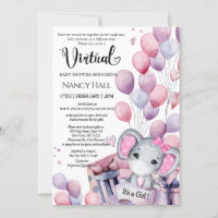 Girl Elephant Pink Balloons Virtual Baby Dusche