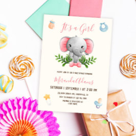 Girl Elephant Pink Watercolor Babydusche Einladung