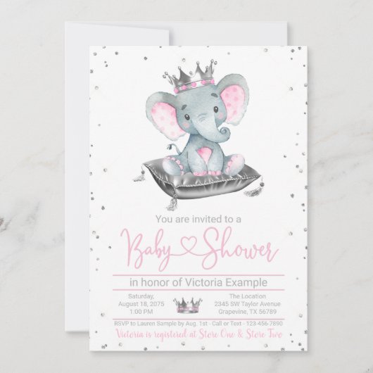 Girl Elephant Princess Baby Shower Einladung (Vorderseite)
