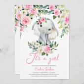 Girl Elephant Rosa Blume Grünpflanzen Einladung (Vorne/Hinten)