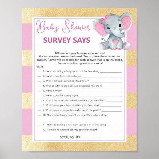 Girl Elephant Survey sagt Baby Gold Dusche Game Poster (Vorne)