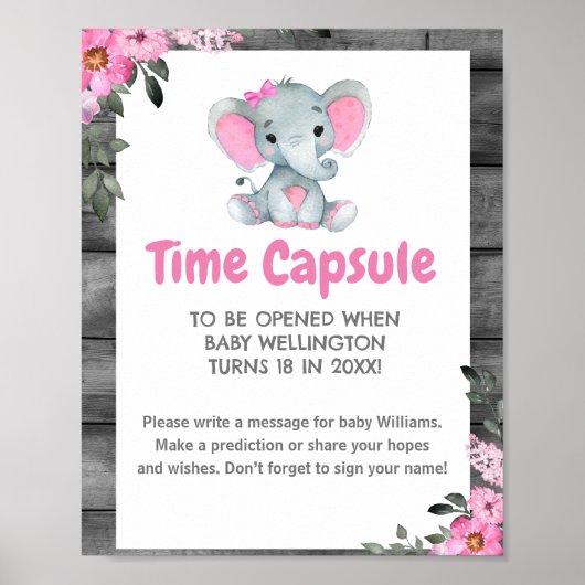 Girl Elephant Time Kapsel Baby Duschzeichen Poster (Vorne)
