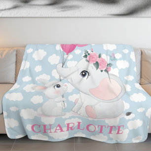 Girl Elephant und Bunny mit Blume und Ballon Fleecedecke