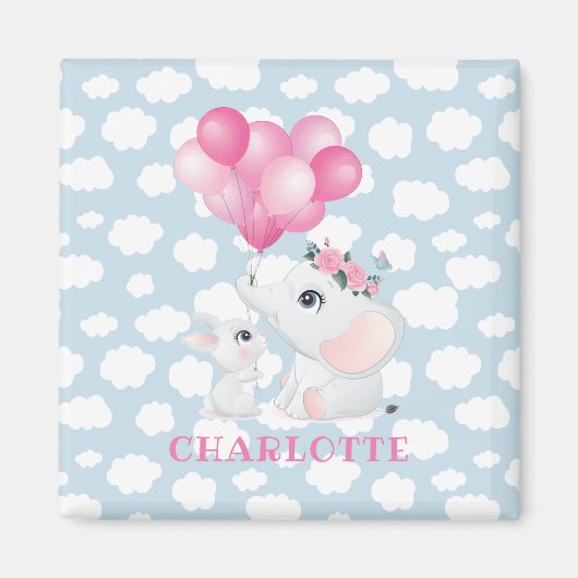 Girl Elephant und Bunny mit Blume und Ballon Magnet (Vorne)