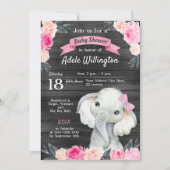 Girl Elephant Wasserfarbe Blumenrosa Rosen Holz Einladung (Vorderseite)