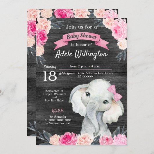 Girl Elephant Wasserfarbe Blumenrosa Rosen Holz Einladung (Vorne/Hinten)