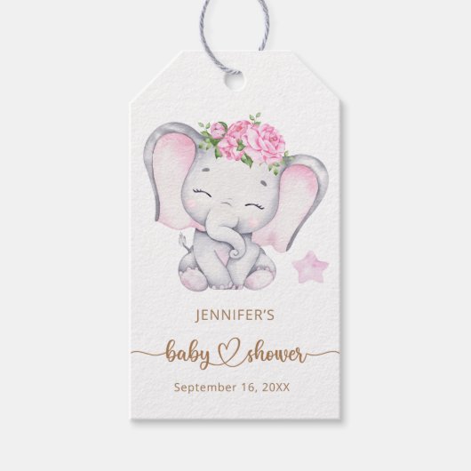 Girl Elephant Watercolor Babydusche Geschenkanhänger (Vorderseite)