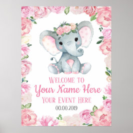 Girl Elephant Welcome Sign Baby Rose Bloral Poster
