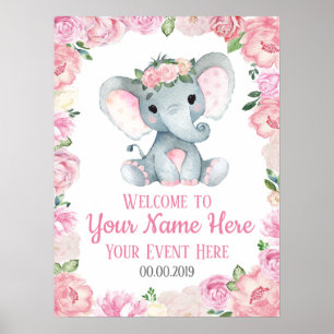 Girl Elephant Welcome Sign Baby Rose Bloral Poster