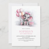 Girl Elephant with Balloons 1st Birthday Party Einladung (Vorderseite)