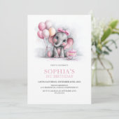 Girl Elephant with Balloons 1st Birthday Party Einladung (Stehend Vorderseite)