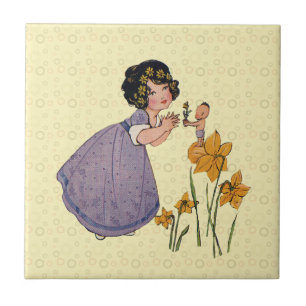 Girl Elf Fairy Daffodil Antique Oaster Fliese