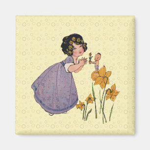 Girl Elf Fairy Daffodil Antique Oaster Magnet