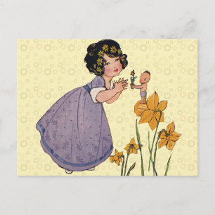 Girl Elf Fairy Daffodil Antique Oaster Postkarte