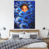 Girl Face in Blue Flowers Impasto Leinwanddruck (Insitu (Schlafzimmer))