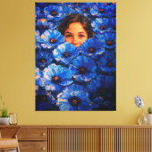 Girl Face in Blue Flowers Impasto Leinwanddruck (Insitu (Wohnzimmer))
