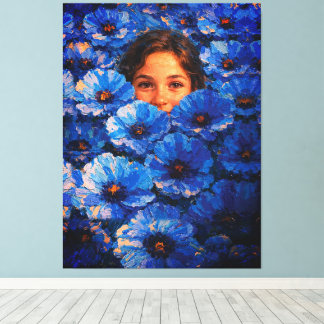 Girl Face in Blue Flowers Impasto Leinwanddruck