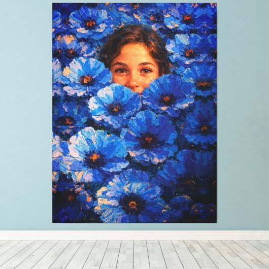 Girl Face in Blue Flowers Impasto Leinwanddruck (Insitu (Holzboden))