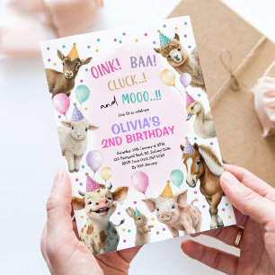 Girl Farm Animals Barnyard Balloon Geburtstagspart Einladung