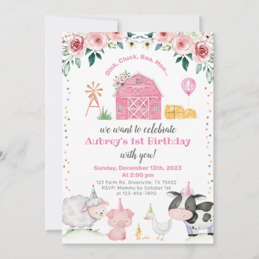 Girl Farm Animals Barnyard Birthday Einladung (Vorderseite)