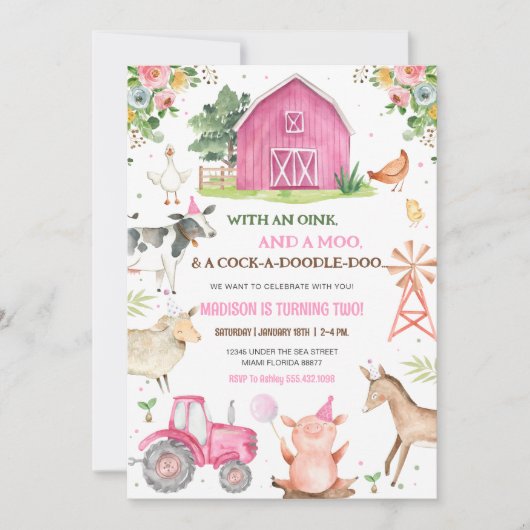 Girl Farm Animals Barnyard Geburtstag Einladung (Vorderseite)