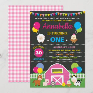 Girl Farm Barnyard Tiere Rosa Geburtstagsparty Einladung