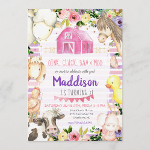 Girl Farm Birthday Einladung pink und lila