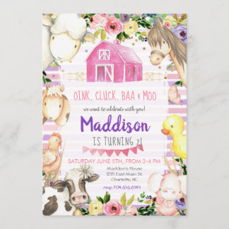 Girl Farm Birthday Einladung pink und lila