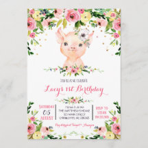 girl farm pig birthday invitation