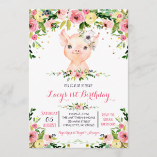girl farm pig birthday invitation einladung