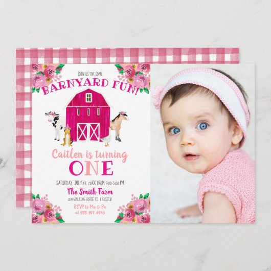 Girl Farm Pink Barnyard Birthday Bash Kuh Pferd Einladung (Vorne/Hinten)