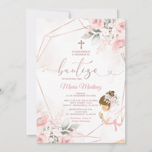 Girl Fiesta Rose Gold Mexican Bautizo Pink Floral Einladung (Vorderseite)
