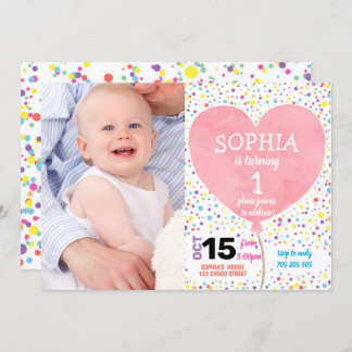 Girl First Birthday Confetti Herzballon Foto Einladung