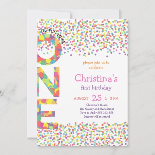 Girl First Birthday Confetti Rainbow Niedlich Einladung (Vorderseite)