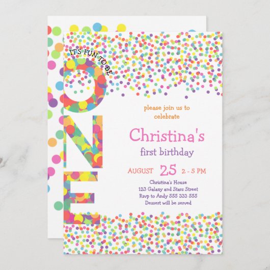 Girl First Birthday Confetti Rainbow Niedlich Einladung (Vorne/Hinten)