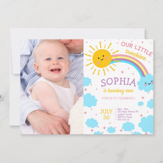Girl First Birthday Foto Little Sunshine Picture Einladung (Vorderseite)