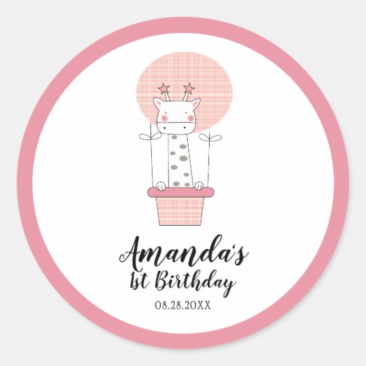 Girl First Birthday Giraffe Classic Round Sticker (Vorderseite)