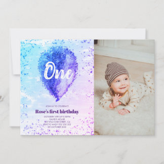 Girl First Birthday Glitzer Ombre Balloon Foto Einladung