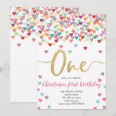 Girl First Birthday Hearts Rainbow Dusche Glitzer Einladung (Vorne/Hinten)