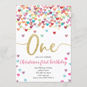 Girl First Birthday Hearts Rainbow Dusche Glitzer Einladung