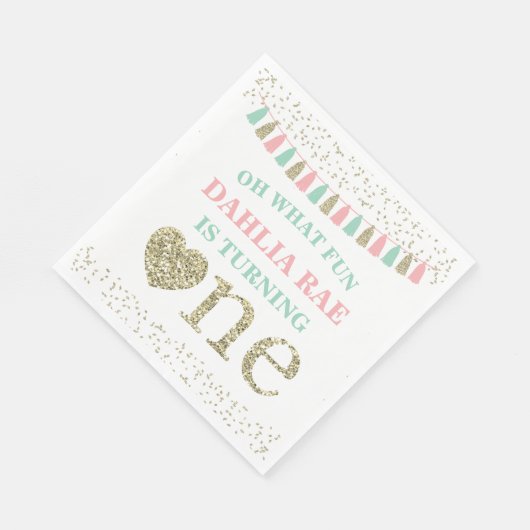 Girl First Birthday Party Napkins Pink Mint Gold Serviette (Ecke)